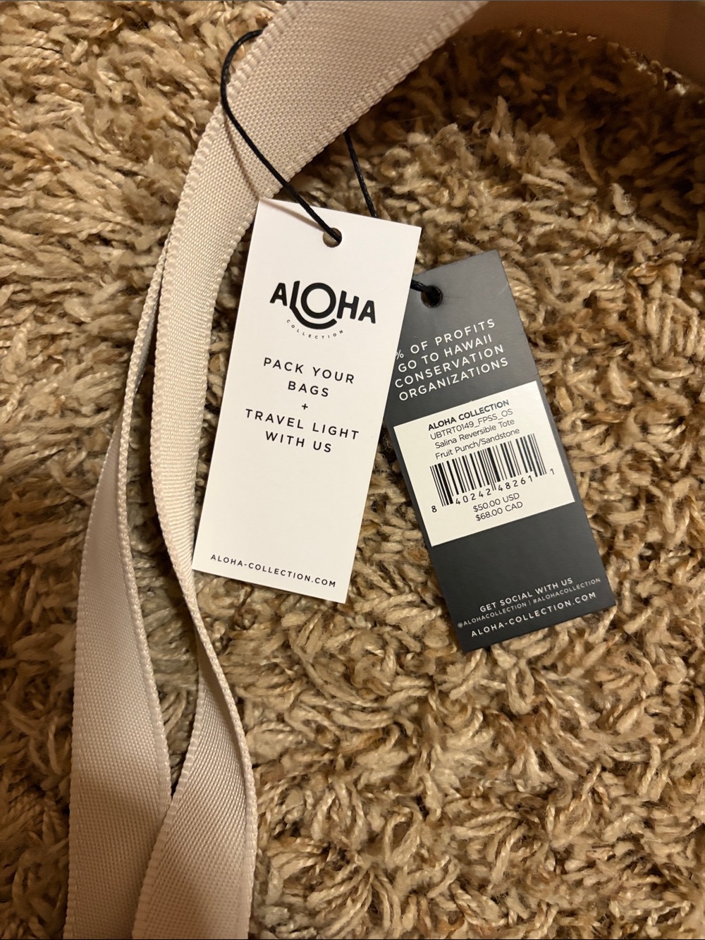 ALOHA Collection Reversible Pink Floral Tote with Cream Straps - Picture 2 of 7